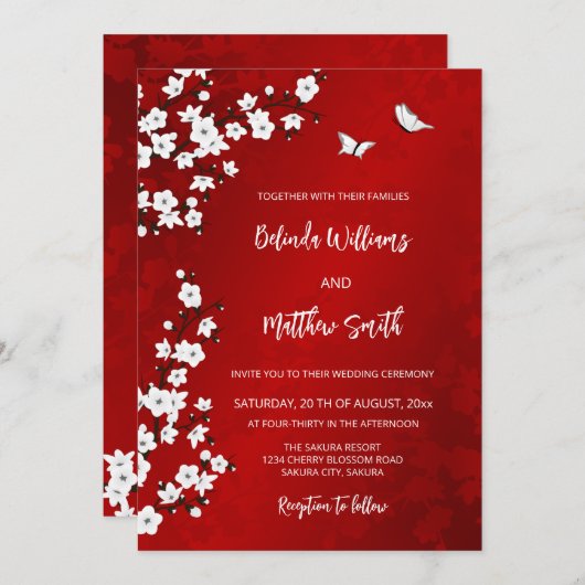 Invitation White  Red Cherry Blossom | Wedding (Devant / Derrière)
