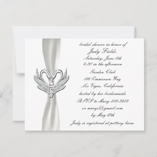 Invitation White Ribbon Silver Swans nuptiale douche Invitati (Devant)