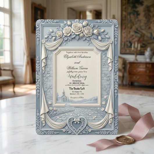 Invitation White Rose and Dusty Blue Cream Romance Wedding
