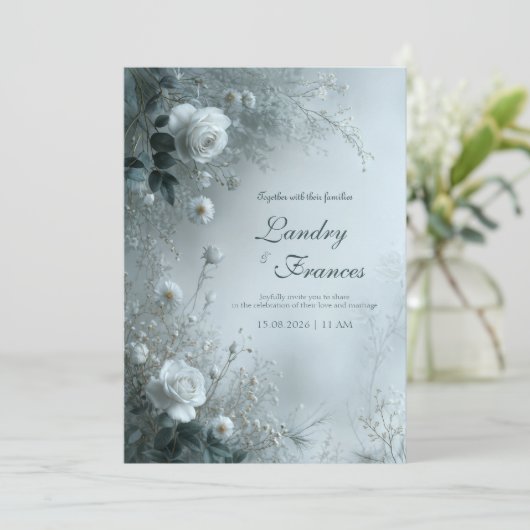 Invitation White Rose and Dusty Blue Mist Winter Wedding (Debout devant)
