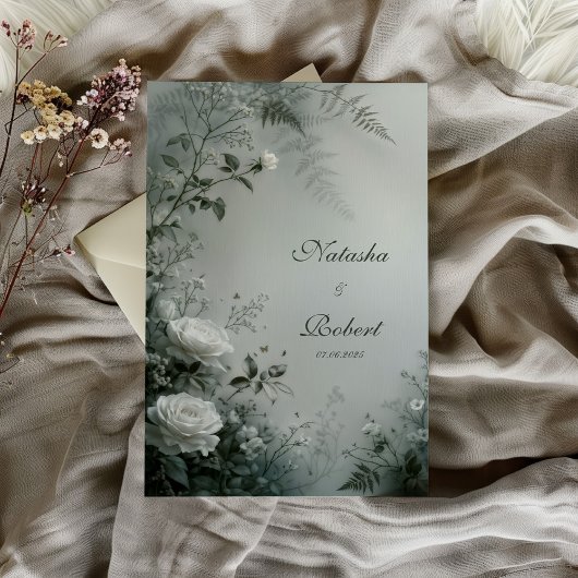 Invitation White Rose and Dusty Gray Fern Winter Wedding
