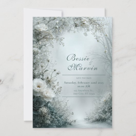 Invitation White Rose and Dusty Gray Winter Wedding (Devant)