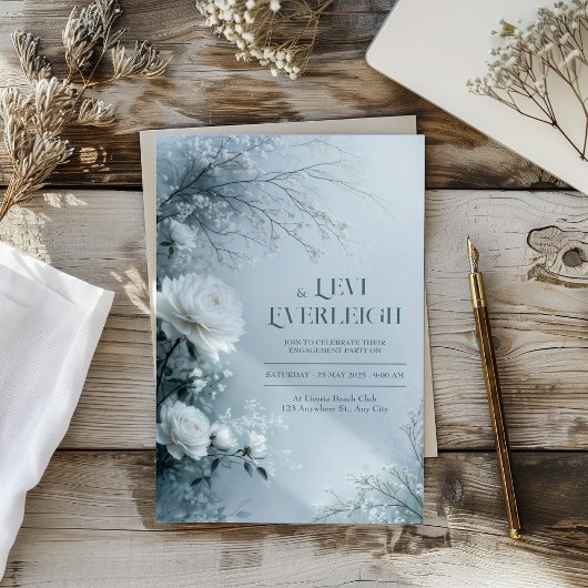 Invitation White Rose and Icy Blue Mist Winter Wedding