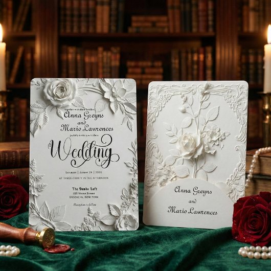 Invitation White Rose Bas Relief Faux Embossed Wedding 