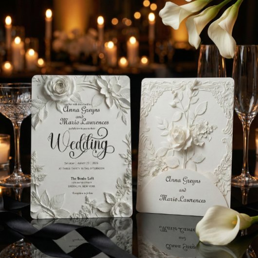 Invitation White Rose Bas Relief Faux Embossed Wedding