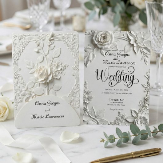 Invitation White Rose Bas Relief Faux Embossed Wedding 