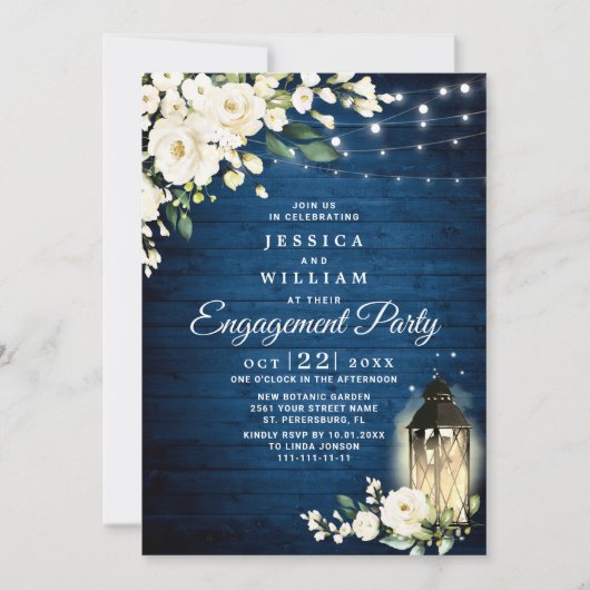 Invitation White Rose Bleu Bois Rustique (Devant)