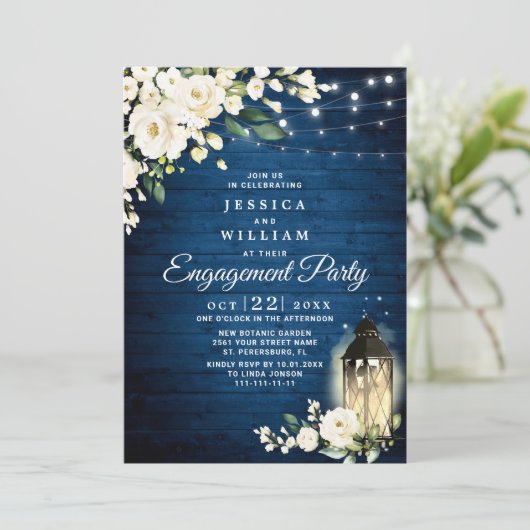 Invitation White Rose Bleu Bois Rustique (Debout devant)