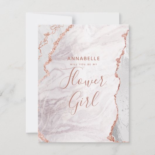 Invitation White & Rose Gold Agate Serez-Vous Ma Fille Fleur (Devant)