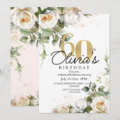 Invitation White Rose  & Gold  Dusty Elegant 60th Birthday (Devant / Derrière)