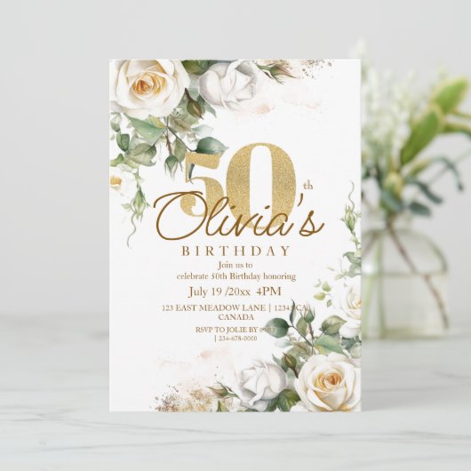Invitation White Rose Gold Elegant Floral 50th Birthday (Debout devant)
