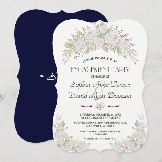 Invitation White Rose Marine Blue Engagement Party (Devant / Derrière)
