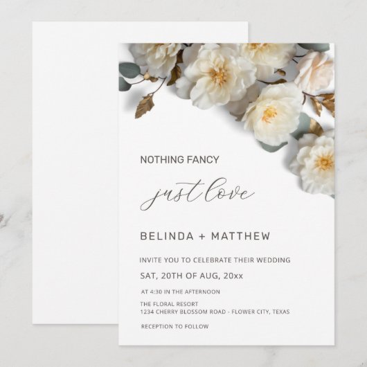 Invitation White Roses 3D Flowers Elegant White Wedding (Devant / Derrière)
