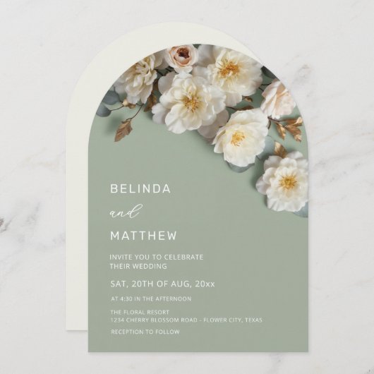 Invitation White Roses 3D Flowers Modern Arch Wedding (Devant / Derrière)