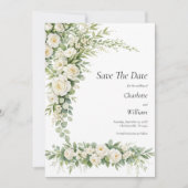 Invitation White Roses Cream Wedding Save The Date QR Code (Devant)