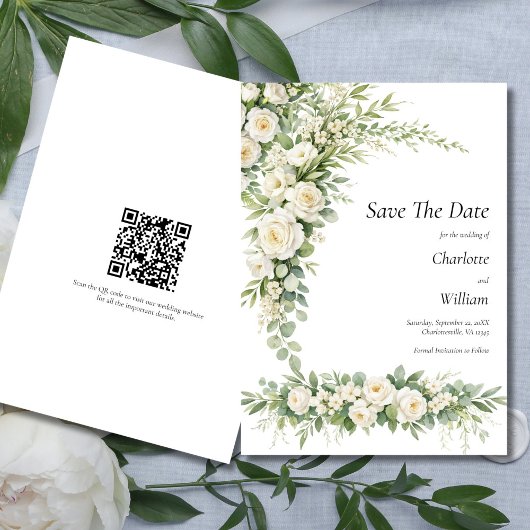 Invitation White Roses Cream Wedding Save The Date QR Code