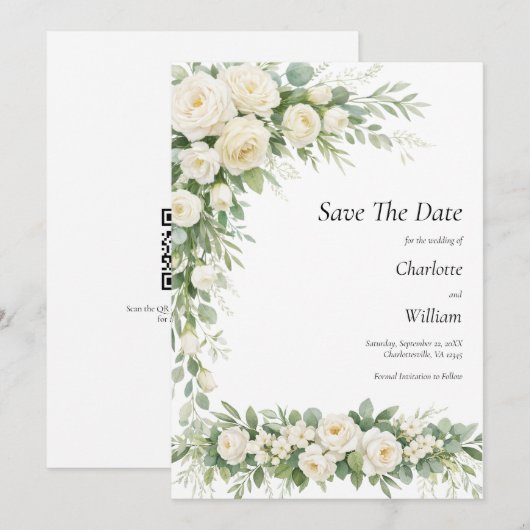 Invitation White Roses Cream Wedding Save The Date QR Code (Devant / Derrière)
