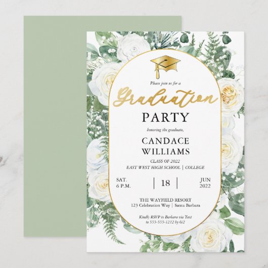 Invitation White Roses Floral Gold Frame Party (Devant / Derrière)
