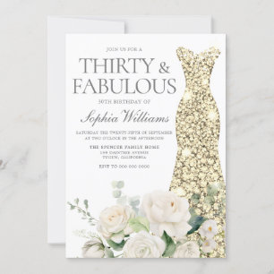Invitation White Roses Gold Gown 30e fête d'anniversaire