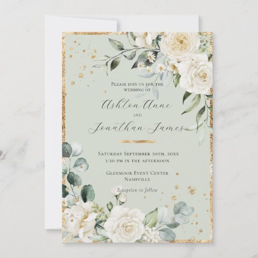 Invitation White Roses Gold Sage Vert Élégant Mariage (Devant)
