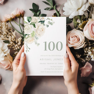 Invitation White Roses & Sage 100e fête d'anniversaire