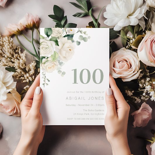 Invitation White Roses & Sage 100e fête d'anniversaire