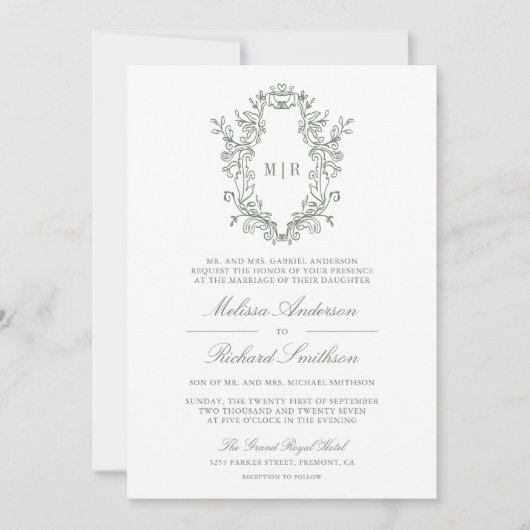 Invitation White Sage Green Chinoiserie Crest QR Code Mariage (Devant)