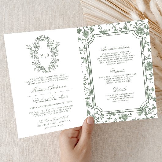 Invitation White Sage Green Chinoiserie Crest QR Code Wedding