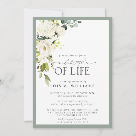 Invitation White Sage Green Fête de la vie (Devant)