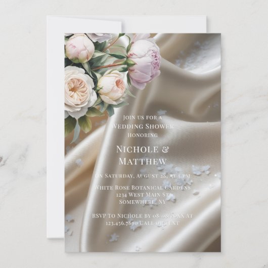 Invitation White Satin with Roses and Peony Wedding Shower (Devant)