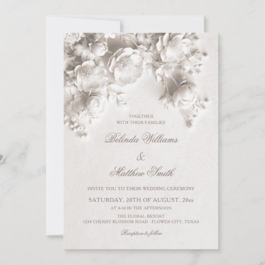 Invitation White Sculptured Floral 3D Roses Wedding  (Devant)
