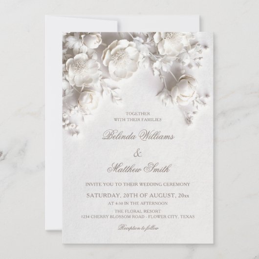 Invitation White Sculptured Flowers 3D Roses Wedding Invitati (Devant)