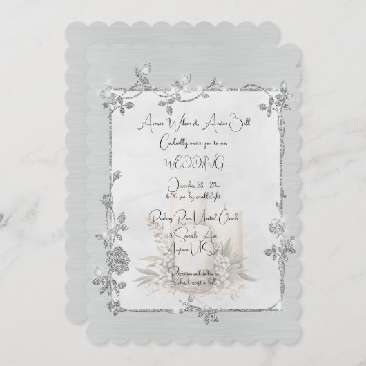 Invitation White Shiny Elegant Sparkly Frame Wedding (Devant / Derrière)