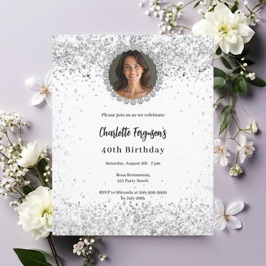 Invitation White silver photo diamonds birthday