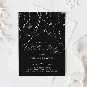 Invitation White String Lights Black Christmas Party