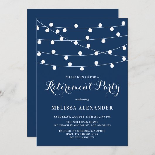 Invitation White String Lights Navy Blue Retirement Party (Devant / Derrière)