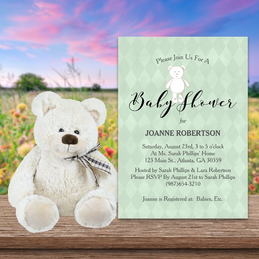 Invitation White Teddy Bear Diamond Sage Green Baby shower