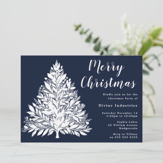 Invitation White Tree Navy Blue Christmas Party (Debout devant)