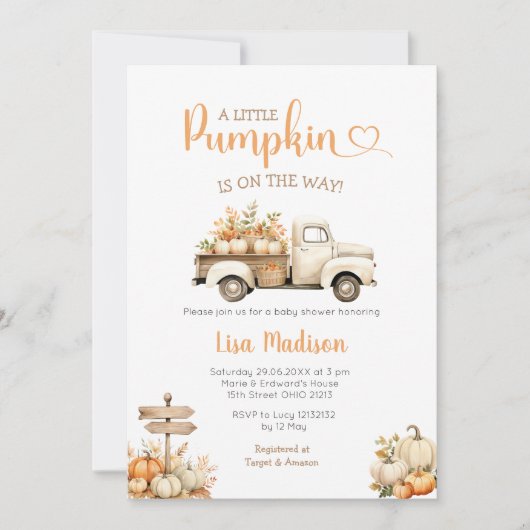 Invitation White Truck Citrouille est en route Baby shower Gi (Devant)