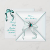 Invitation White Turquoise Blue Girls 1er anniversaire (Devant / Derrière)