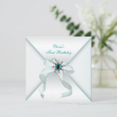Invitation White Turquoise Blue Girls 1er anniversaire (Debout devant)