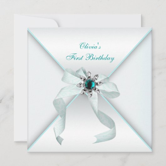 Invitation White Turquoise Blue Girls 1er anniversaire (Devant)