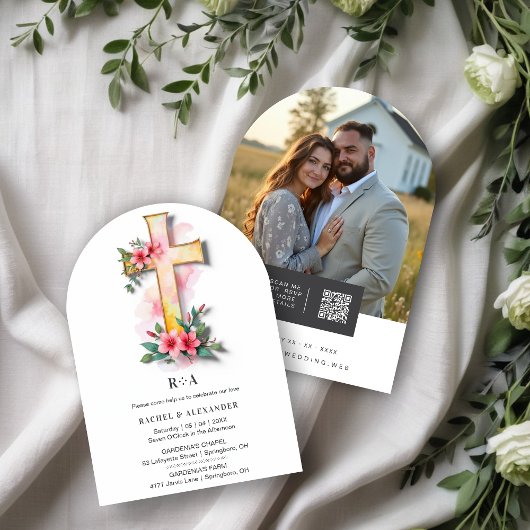 Invitation White Watercolor Pastel Floral Cross-Shape Wedding