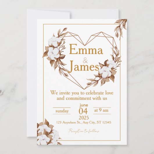 Invitation White Wedding Invite with Elegant Heart & Roses (Devant)