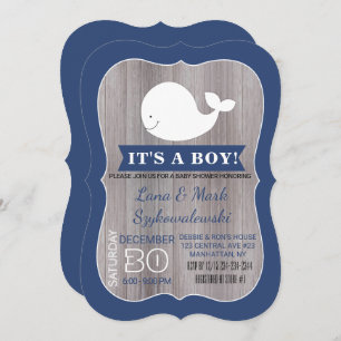 Invitation White Whale Ahoy Navy Blue Rustic Shower Invitatio
