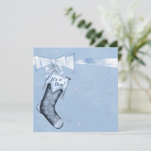 Invitation White Winter Blue Snowflakes Baby Boy Shoy (Debout devant)