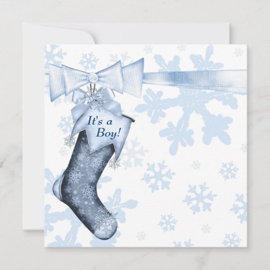 Invitation White Winter Blue Snowflakes Baby Boy Shoy (Devant)