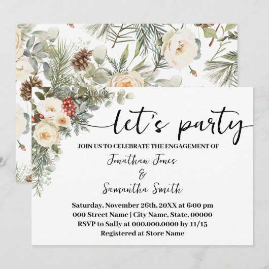 Invitation White Winter Floral Let's Party Engagement (Devant / Derrière)