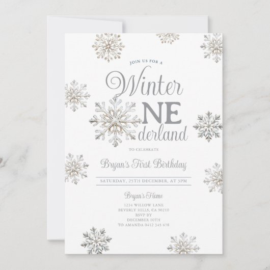 Invitation White Winter Onederland Silver Snowflakes Birthday (Devant)