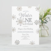 Invitation White Winter Onederland Silver Snowflakes Birthday (Debout devant)
